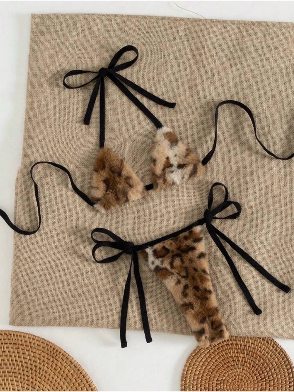 Leopard Print Faux Fur Tie Bikini Set - Women Accessories- multiple sizes